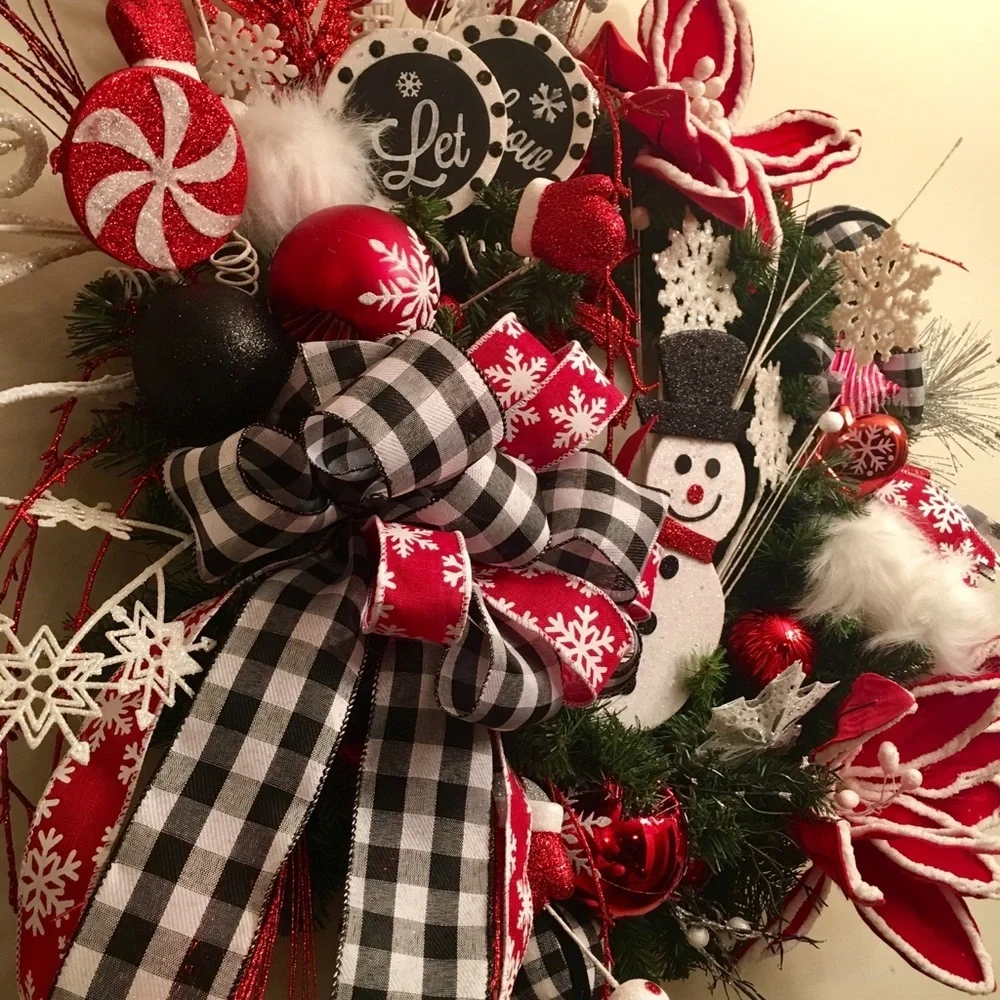 New Floral Designer Black Plaid Red White Poinsettia Snowman Christmas Wreath